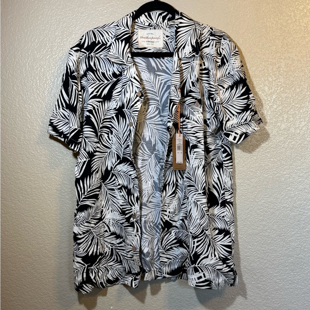 Weatherproof Black and White Leaf Print Shirt aloha shirt